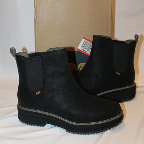 NIB WOMEN'S TEVA SZ 11 MIDFORM CHELSEA LEATHER ANKLE BOOTS BLACK - Picture 1 of 6